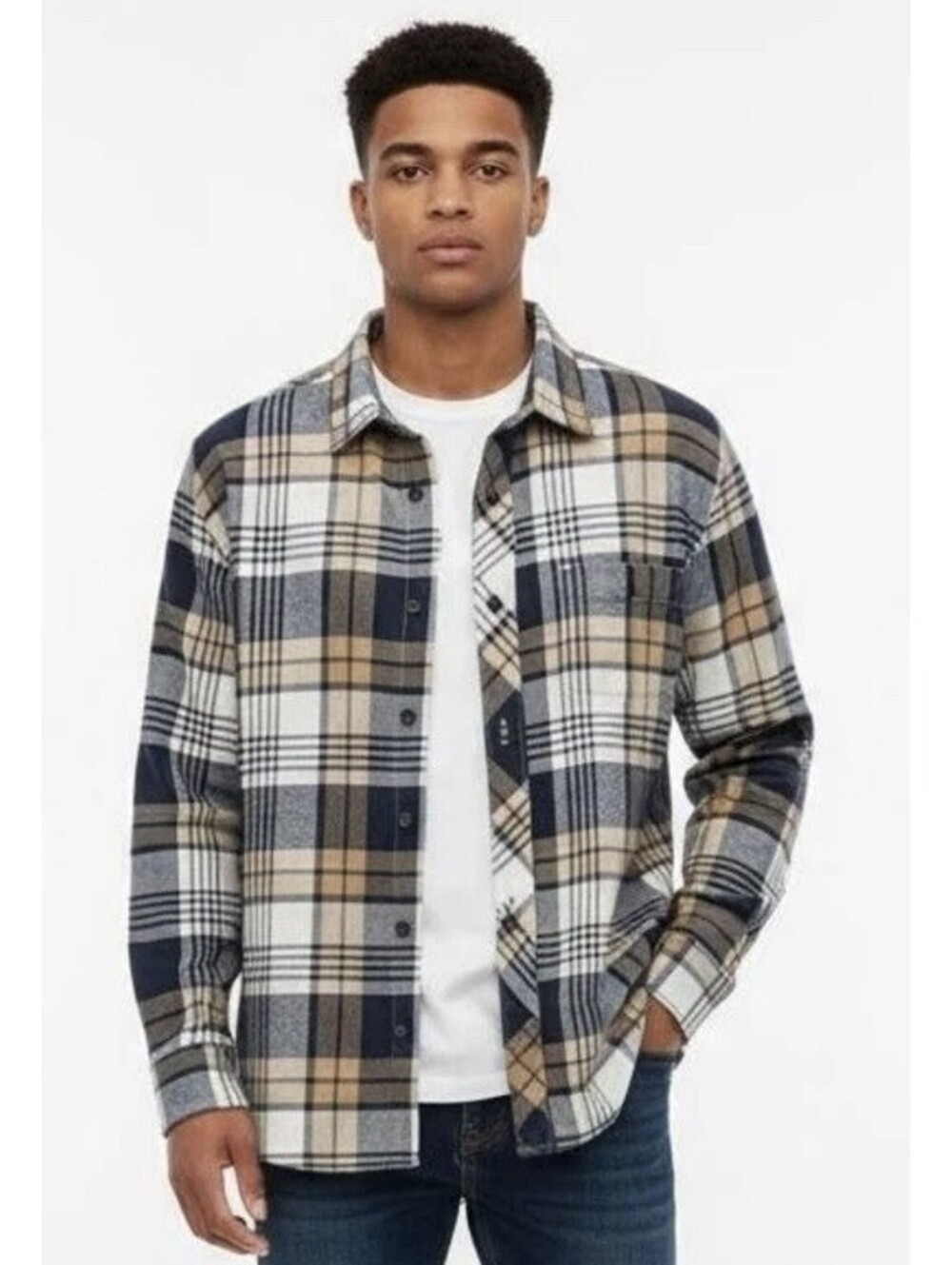 BILLABONG Men’s Stretch Cotton Coastline Plaid Flannel Shirt in Blue-Size Small